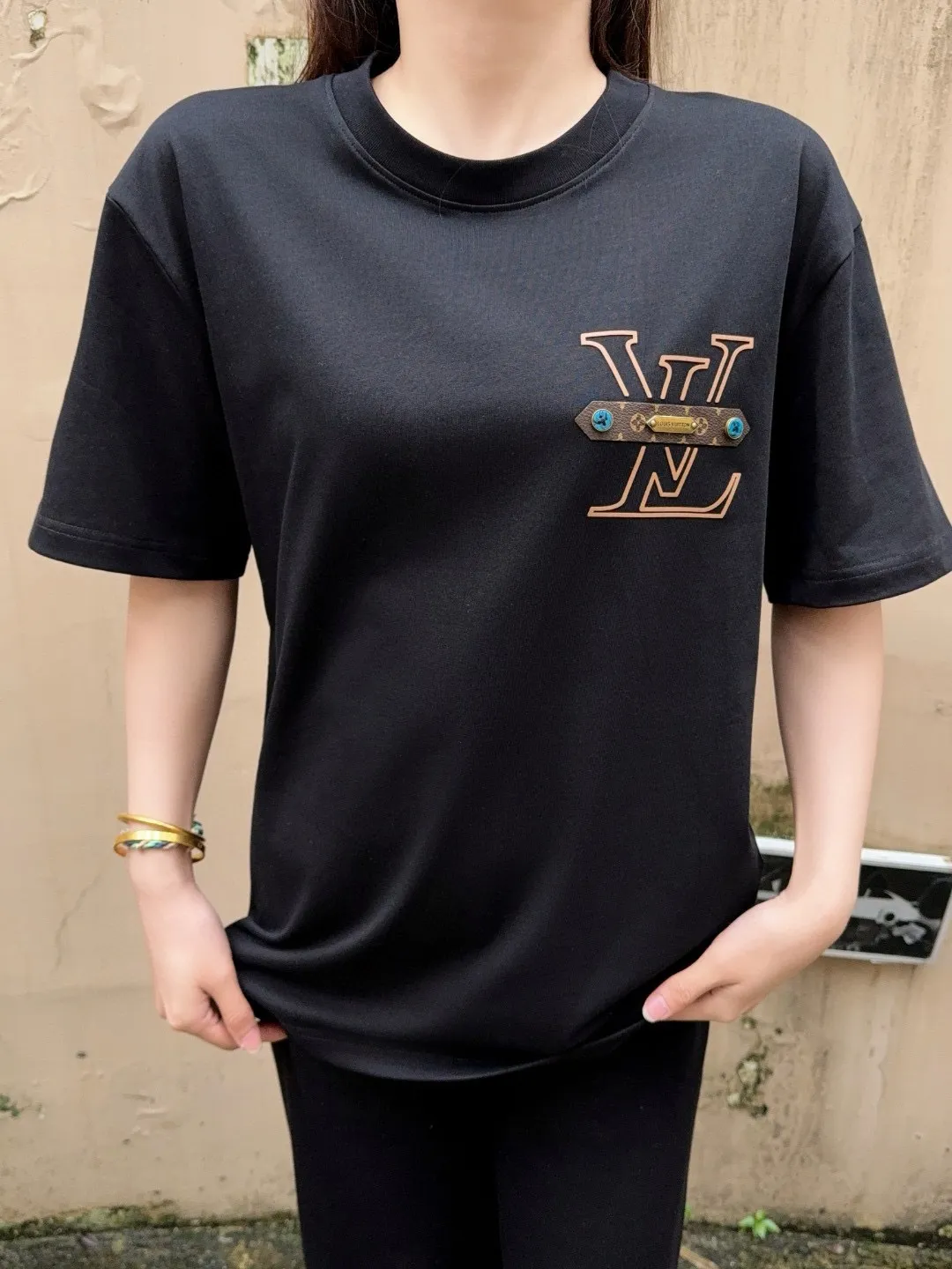 Louis Vuitton/Louis Vuitton 25ss chest letter printed presbyopia leather short sleeves